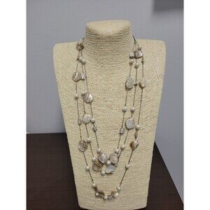 Silver Tone Multi-Strand Necklace Faux Pearls and Mother of Pearl Shell Beads